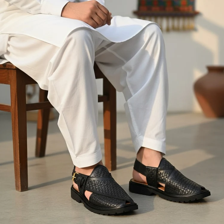 Black Peshawari Chappal with Vibram Sole - Image 2